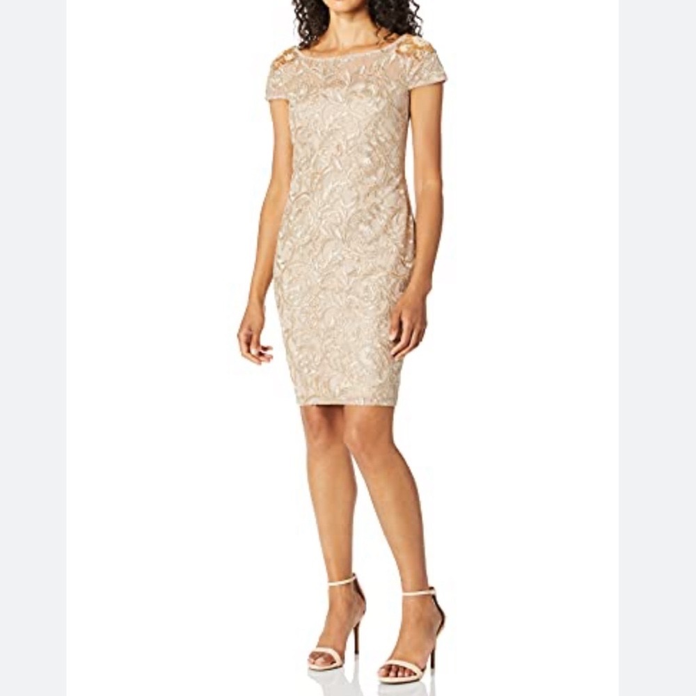 Calvin Klein cap sleeve sequin sheath Gold Nude embroidered dress.